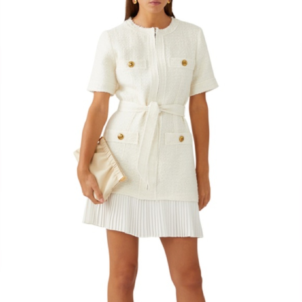 Sandro Cream Tweed Mini Dress with Pleated Hem